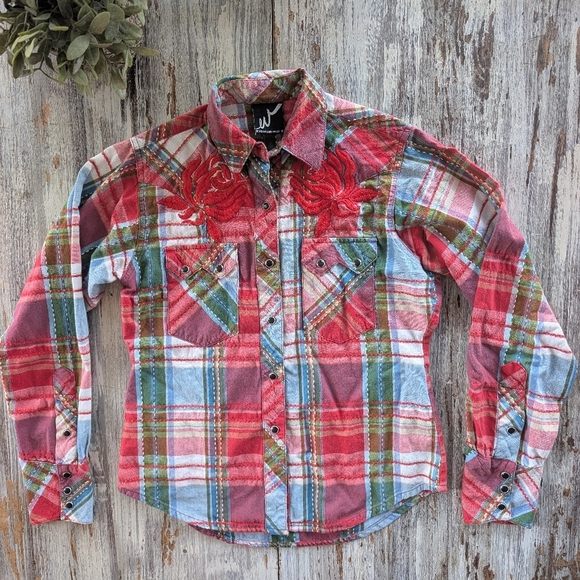 Western Denim Bank Plaid Western Snap Shirt Women's Medium - Picture 2 of 9